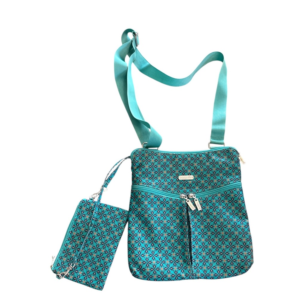 Baggallini Teal Geometric Print Crossbody Bag with Matching Wristlet Pouch Set